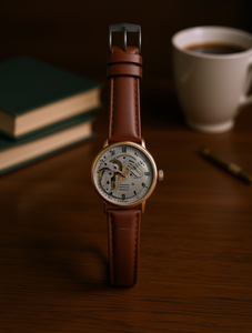 นาฬิกาข้อมือ HYF ขนาด 30 มม. ตัวเรือนทองสัมฤทธิ์ สายหนังแท้ หน้าปัดอนาล็อก กระจกแซฟไฟร์ ดีไซน์หรูหราสำหรับทุกเพศ - Product Image 2