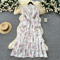 Robe longue élégante décontractée de style français pour femme, manches lanternes, ceinture à nouer, boutons simples, dentelle
