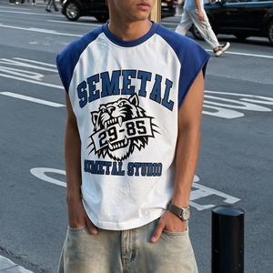 Streetwear Raw Hem Graphic <b>Cropped</b> T-Shirts Heavyweight <b>Men's</b> Cotton Tank <b>Top</b> Custom Print Oversized Sleeveless T Shirt for <b>Men</b> - Product Image 4
