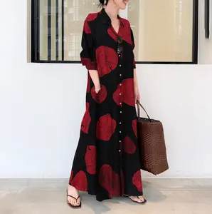 New Style Lady Elegant Shirt Dress Loose Casual Printed Cotton Long Sleeve Maxi Dress For Muslim Women
