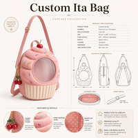 Sac à bandoulière personnalisé en forme de cupcake avec fenêtre transparente en PVC, doublure à pois, breloque cerise, sac souple pour pâtisserie