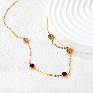 Collar de disco de piedra ojo de gato colorido para mujer, colgante de acero inoxidable con engaste de bisel, diseño geométrico circular, joyería de moda - Product Image 1
