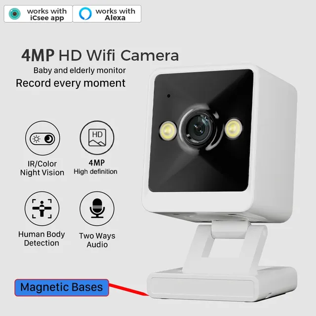 4MP Full HD Mini Indoor WiFi Security Camera CMOS Magnetic Base Night Vision AI Human Detection 4X Zoom 2-Way Audio Memory Card