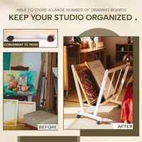 Étagères de rangement et de séchage en bois naturel, grand support d'impression en bois avec roulettes, présentoir et rangement pour artistes