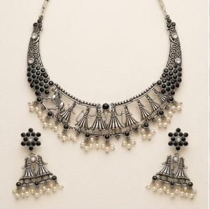 DIVYORO Folk Dance Motif Oxidized Silver Choker Set Designer <b>Statement</b> <b>Necklace</b> Set with Earrings Elegant Fashion Jewelry - Product Image 3