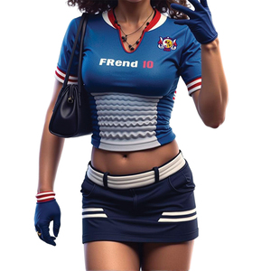 Ensemble de football deux pièces style français personnalisé pour femme, haut court froncé et mini-jupe à rayures bleues, blanches et rouges, vente en gros - Product Image 1