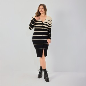 Robe longue <span class=keywords><strong>en</strong></span> maille respirante pour femme, grande <span class=keywords><strong>taille</strong></span>, coupe évasée, col <span class=keywords><strong>en</strong></span> V, boutonnée sur le devant, longueur genou, <span class=keywords><strong>taille</strong></span> naturelle, automne - Product Image 1