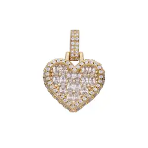 2024 begifts satış güzel takı katı gümüş buzlu Out zirkon baget 18K altın kaplama aşk kalp kolye hediyeler için