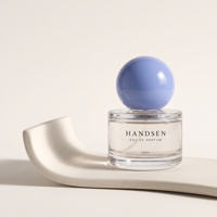 Flacon de parfum de luxe en verre transparent 50 ml, vide, avec bouchon sphérique bleu, atomiseur à fine brume, personnalisable avec logo, vente en gros