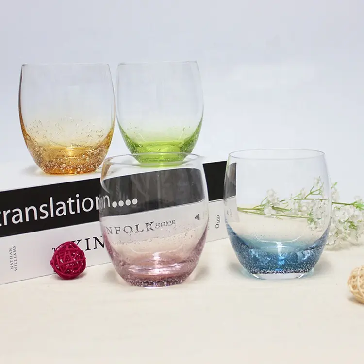 LANGXU gelas anggur berwarna kaca ditiup bentuk telur bulat bawah kaca anggur peniup gelembung pernikahan
