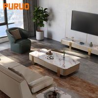 Ensemble de salon PURUO Luxury Royal Interactive Panel, meuble TV avec plateau en pierre dorée, design italien doré, table basse en acier inoxydable.