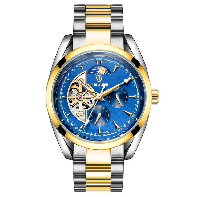 Men Automatic Mechanical Water Resistant Watch Partial Skeleton Moon Phase Pointer Multi Sub Tone Stainless Steel Bracelet Band