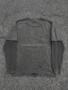 High quality Stone Wash Crew Neck Long <b>shirt</b> 100% Cotton for Men <b>waffle</b> thermal lining Acid Wash Long <b>shirt</b> Distressed for men - Product Image 2