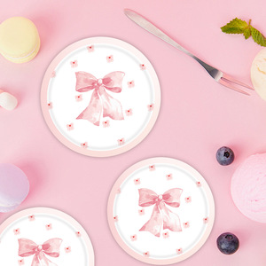 Assiettes de fête roses DAMAI avec nœuds, fournitures de table mignonnes et coquettes, décorations jetables en papier pour anniversaire de fille - Product Image 1