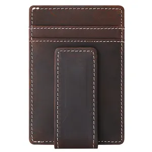 Porte-cartes en cuir Crazy Horse pour homme, support minimaliste, portefeuille à pince d'argent, vente en gros