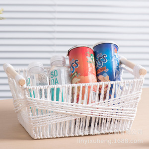 White Paper Rope Storage <b>Basket</b> Rectangle With Handle For Home Desktop Cosmetic Snack Coffee <b>Table</b> Remote Control Organizing - Product Image 2