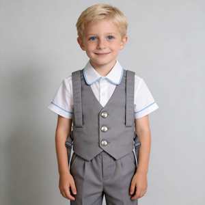 Ensemble de vêtements personnalisés pour <span class=keywords><strong>bébé</strong></span> <span class=keywords><strong>garçon</strong></span>, 3 pièces, cravate, chemise blanche à manches courtes, pantalon gris à bretelles courtes - Ensemble Paul - Product Image 2