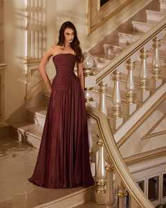 فستان سهرة شارون سعيد SF175 باللون الأحمر الصدئ بتصميم A-line مع تنورة جانبية مطوية ومزينة بالدرابيه، فستان حفلات بسيط للنساء (غير متوفر في المخزون) - Product Image 5