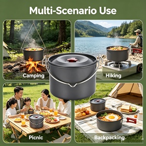 Outdoor Camping Aluminiumlegering Hangende kookgerei 1-2L Food Grade draagbare kookpot met netzak voor backpacken, picknickreizen - Product Image 5