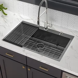 Ready To Ship 33x22 Black Topmount Stainless Steel Drop In Handmade Kitchen Sink With Dish Grid