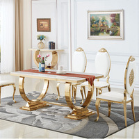 Ensemble de table à manger de luxe moderne en acier inoxydable doré titane avec plateau en marbre de 2 cm d'épaisseur, décoration élégante pour la maison et les restaurants