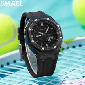 นาฬิกาควอตซ์ SMAEL 8083 หน้าปัดคู่ สีมาการอง กันน้ำ 30-50 เมตร สาย PU นาฬิกาข้อมือสำหรับเล่นกีฬา - Product Image 2