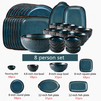 Service de Table en Porcelaine Européenne Bleu, Émaillée à Changements au Four, Créatif, à Rayures, Assiettes Creuses, Bols à Riz et Bols à Soupe pour la Maison