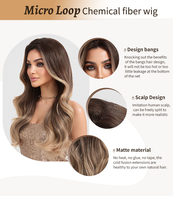 Perruque complète personnalisable, cheveux longs ondulés bouclés marron doré multicolores avec mèches, raie au milieu et volume moelleux