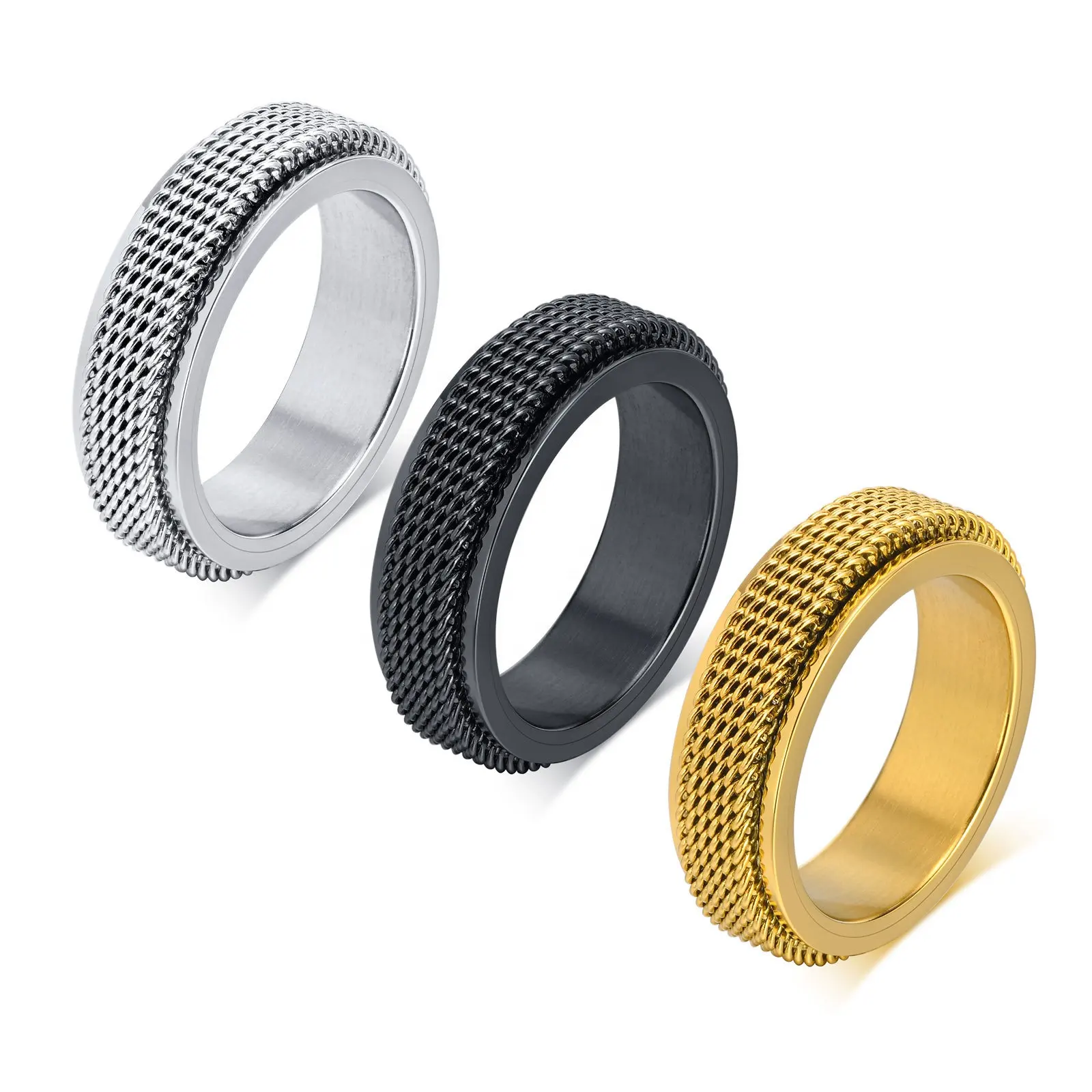 Fashion Pvd Gold Plated Stainless Steel Mesh Rotating Rings Jewelry For Men