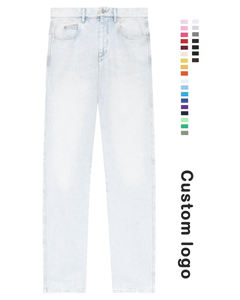 Ykmozi กางเกงยีนส์ขาตรงสำหรับผู้ชาย, กางเกงยีนส์ขาตรงกลางวินเทจสีน้ำเงินกระดุมโลหะแบบหลวมมีกระเป๋าด้านหลังพิมพ์ลาย - Product Image 1