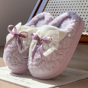 Women's Sweet Bow Indoor Home for Slippers Manufacturers' Warm Closed-Toe Soft Plush Anti-Slip Winter for Slippers for Summer - Product Image 5