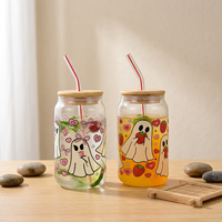 Mug en verre borosilicate en forme de canette pour café, bière, cola, avec couvercle en bambou et paille, idéal pour les fêtes et Halloween, cadeau