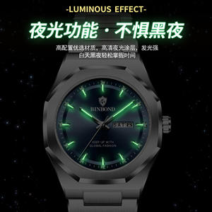 Montre pour homme BINBOND 860, luxe, mouvement à quartz, boîtier en alliage, cadran en verre, affichage lumineux, étanche, aiguilles lumineuses - Product Image 5