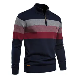 Produsen pakaian kustom LOGO OEM antisusut Logo kustom rajutan lengan panjang garis Pullover sweter kerah berdiri untuk pria