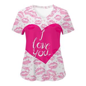 Blusa de Uniforme Hospitalario para Mujer, Cuello en V, Estampado de Corazones, Tejida - Product Image 3