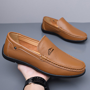 Mocassins en cuir véritable pour hommes, bout rond, à enfiler, confortables, toutes saisons, chaussures décontractées, blanc - Product Image 3