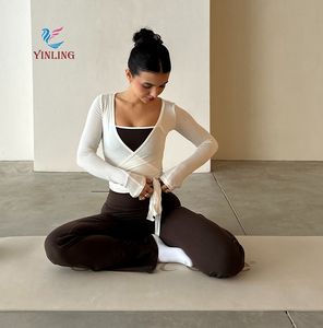 شعار مخصص للنساء ربطة عنق ملفوفة نحيفة رياضية طويلة الأكمام الباليه تجريب أعلى مجموعة اليوغا - Product Image 3