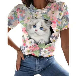 Fashion Animal Forest Cat 3D Printing Round Neck T-shirt Women Fun Short Sleeve Top Summer Pullover Retro Style Casual