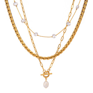 Collier élégant à plusieurs rangs en perles, chaîne dorée avec pendentif en T, perle blanche, unisexe, à porter au quotidien - Product Image 1