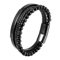 Bracelet en cuir avec pierre naturelle de roche volcanique, bracelet tressé en cuir et acier inoxydable, bijoux multicouches en acier titane pour homme