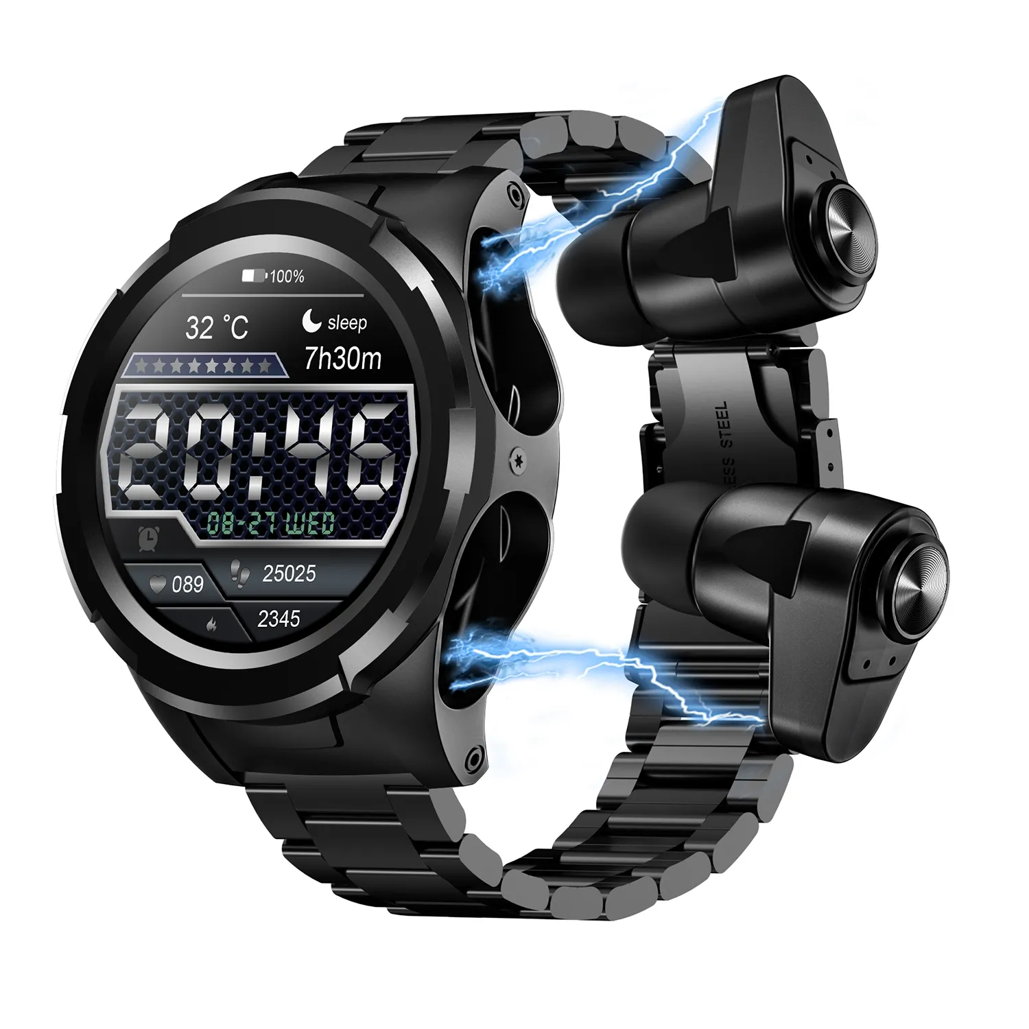 All'ingrosso F6 schermo IPS da 1.28 pollici 2 in 1 auricolare Wireless Smart Watch cinturino in acciaio Smart Watch con orologio con auricolari