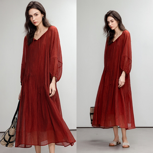 Demana Reisel Pleated Textured Dress Size 26 Summer Tie Neck Long Dress - Product Image 2