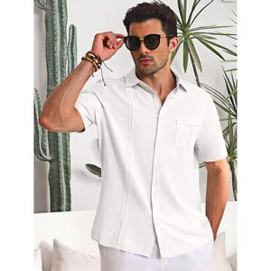 2025 <b>Men's</b> Cuban Guayabera <b>Shirt</b> 100% Cotton Button Down <b>Short</b> <b>Sleeve</b> Casual Top with Pocket for Summer Beach Weddings - Product Image 4