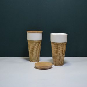 Bamboo Woven Coffee Cup White Porcelain Inner Portable Travel Beverage Cup - Product Image 3