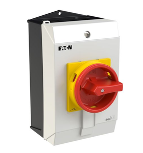 Interruptor Principal <span class=keywords><strong>Eaton</strong></span> Serie <span class=keywords><strong>P1</strong></span>, <span class=keywords><strong>P1</strong></span>, <span class=keywords><strong>25</strong></span> A, Montaje en Superficie, 3 Polos, con Manija Giratoria Roja y Anillo de Bloqueo Amarillo - Product Image 1