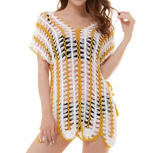 Plus Size Summer Crotchet Swimwear Women V-neck Hollow Bikini Cover Up Women Kafan Sarong Crochet Dress Fringed Beachwear 2024