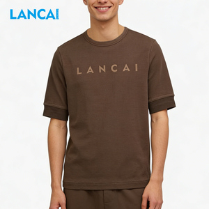 Lancai Stock Summer Men's Polyester/Cotton Fleece Washed Breathable Quick Dry O-Neck T-<b>Shirt</b> Top Casual Regular Fit Plus Size - Product Image 3