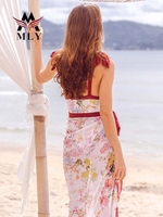 Échantillon 3-7 jours : Maillot de bain une pièce personnalisé pour femme, décolleté en V profond, bretelles à nœud, coupe haute, ensemble de plage avec paréo