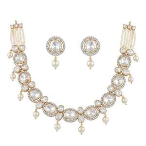 Luxury Gold 925 <b>Silver</b> Crystal Pearl <b>Choker</b> Necklace with Matching Earrings for Wedding Party Wear Women - Product Image 1