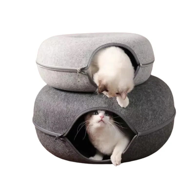 Wholesale Four Seasons Available Felt Tunnel Cat Nest Washable Detachable Dual-purpose Donut Cat Bed